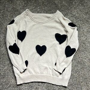 Heart Patterned Beige and Black Sweater